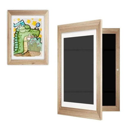 Kids Magnetic Front-Opening Art Frame For Photos And Drawings showing wood frame with magnetic front, shallow storage and displayed kid drawing