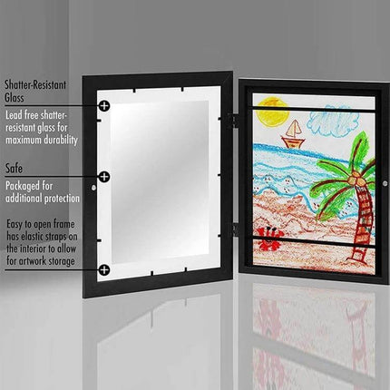 Kids Magnetic Front-Opening Art Frame For Photos And Drawings - black wood magnetic front display with storage for kids drawings