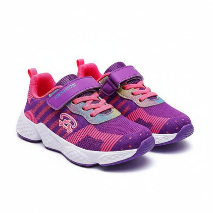 Kids Velcro Sports Shoes For Girls In Purple And Pink - lightweight fabric upper, velcro strap, striped pattern, easy on/off for preschool and play