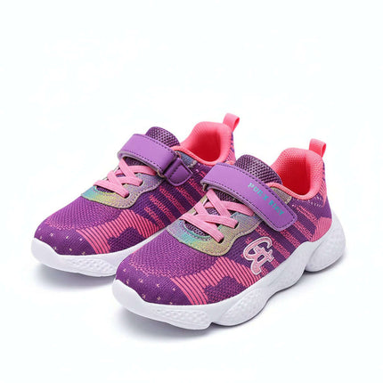 Kids Velcro Sports Shoes For Girls In Purple And Pink lightweight fabric upper with velcro strap, striped pattern, easy on/off for preschool and play
