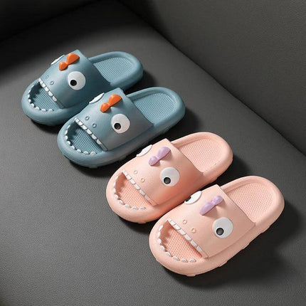 Kids Shark Shower Slippers Non Slip Toddler Bath Shoes - blue and pink EVA shark-tooth open-back bath slippers with textured non-slip sole
