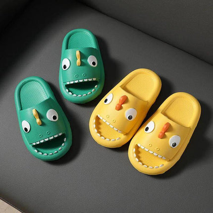 Kids Shark Shower Slippers Non Slip Toddler Bath Shoes - green and yellow shark-tooth EVA kid bath slippers with textured non-slip sole for pool and shower