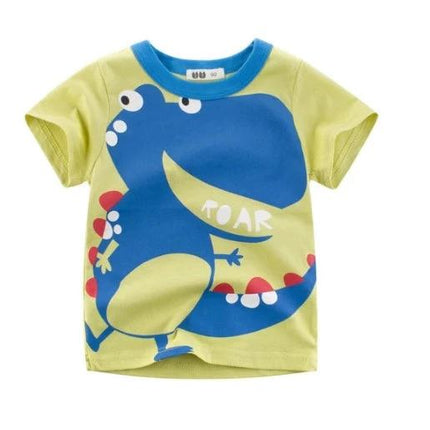 Kids Cotton T-Shirt, Short Sleeve, Comfortable Everyday Wear - lime tee with blue dinosaur print for kids