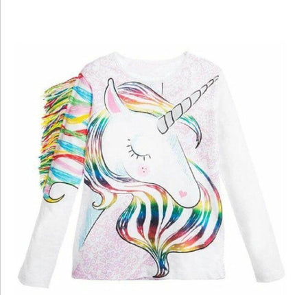 Kids' T Shirt With Horse Print For Everyday Playtime - white cotton long-sleeve with colorful unicorn/horse motif and rainbow fringe, sizes 80-110