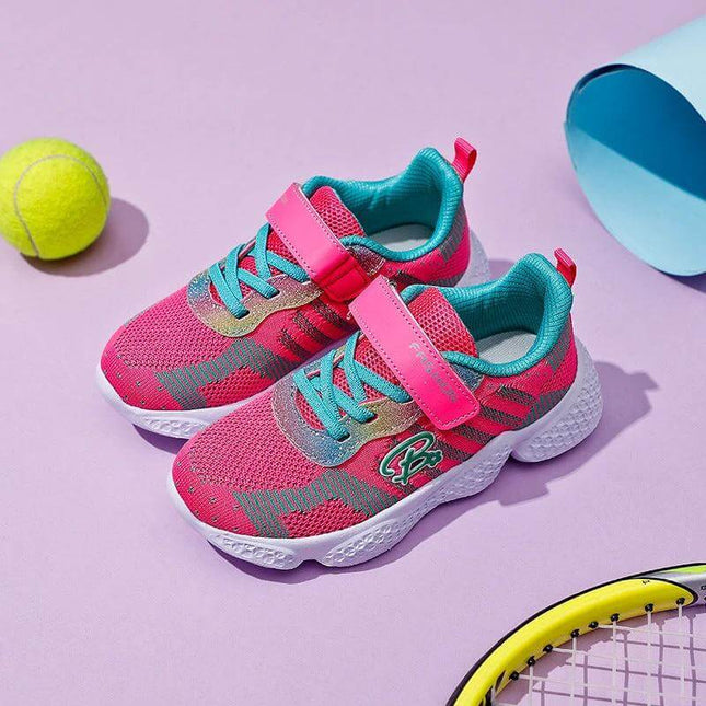 Kids Velcro Sports Shoes For Girls In Purple And Pink - lightweight fabric upper, easy on/off velcro straps, striped pattern, preschool/PE play