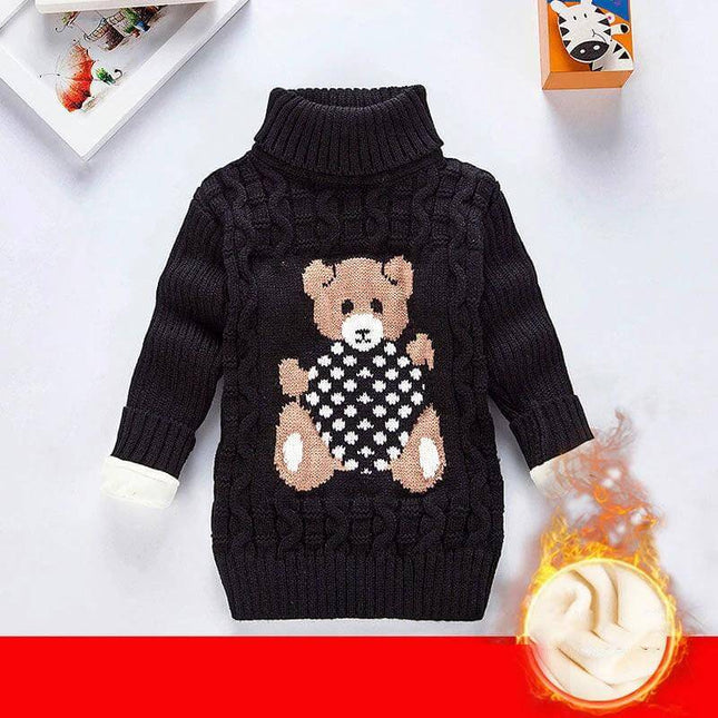 Children Velvet Trim Knit Sweater Casual Winter Warmth - black cable knit kids sweater with teddy bear and velvet trim, thick winter warmth for ages 8+