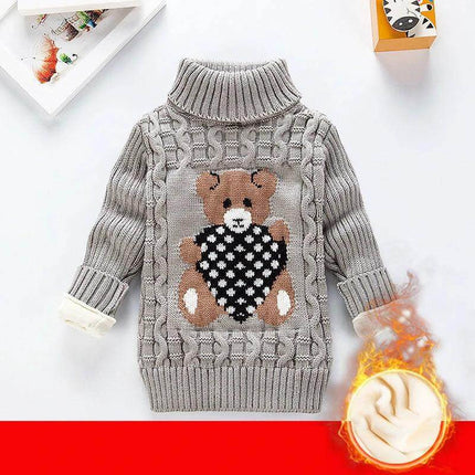 Children Velvet Trim Knit Sweater Casual Winter Warmth - grey knitted turtleneck with teddy heart motif, velvet trim and thick winter warmth for kids
