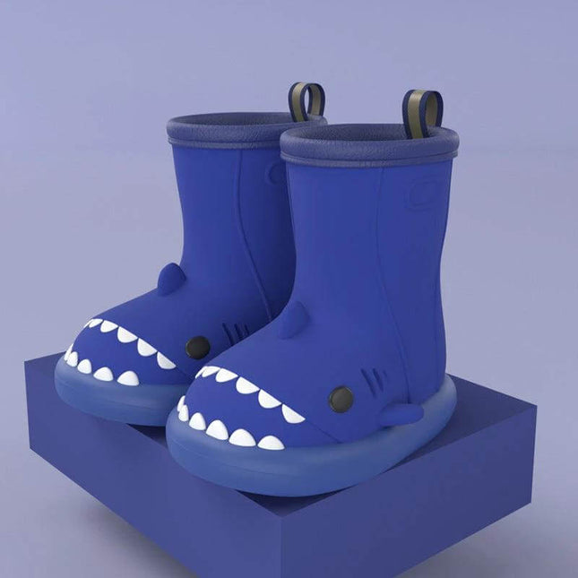 Kids Waterproof Shark Rain Boots Cute Cartoon Slip On Rubber in blue, kid-sized shark-themed waterproof slip-on rubber rain boots with molded sole