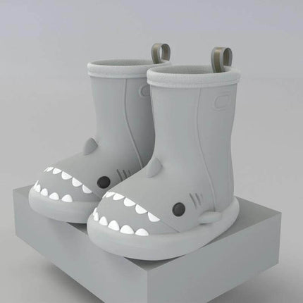 Kids Waterproof Shark Rain Boots Cute Cartoon Slip On Rubber gray shark design kids rain boots, slip-on waterproof with molded sole