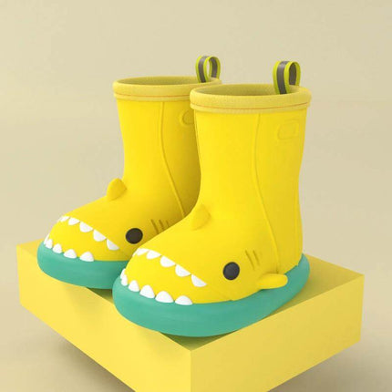 Kids Waterproof Shark Rain Boots Cute Cartoon Slip On Rubber – yellow shark-themed kids waterproof slip-on rubber rain boots with molded sole