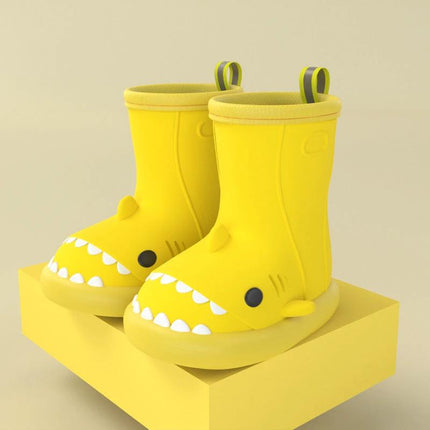 Kids Waterproof Shark Rain Boots Cute Cartoon Slip On Rubber — yellow shark/dinosaur slip-on waterproof rubber boots for kids with molded sole