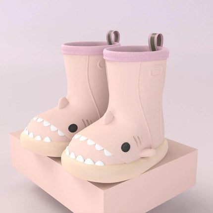 Kids Waterproof Shark Rain Boots Cute Cartoon Slip On Rubber - pink shark/dinosaur kids waterproof slip-on rubber rain boots with molded non-slip sole