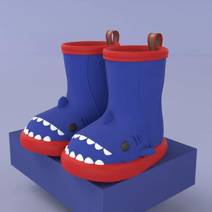 Kids Waterproof Shark Rain Boots Cute Cartoon Slip On Rubber — blue and red shark-themed kids waterproof slip-on rubber rain boots