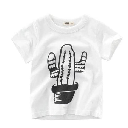 Kids Cotton T-Shirt, Short Sleeve, Comfortable Everyday Wear - white kids tee with black cactus print, breathable soft cotton blend
