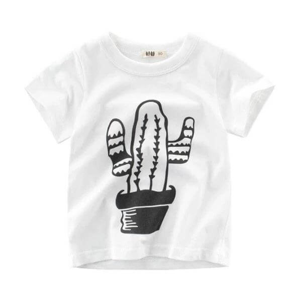 Kids Cotton T-Shirt, Short Sleeve, Comfortable Everyday Wear - white kids tee with black cactus print, breathable soft cotton blend
