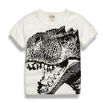 Kids Cotton T-Shirt, Short Sleeve, Comfortable Everyday Wear - white kids tee with large black dinosaur print, breathable soft cotton blend