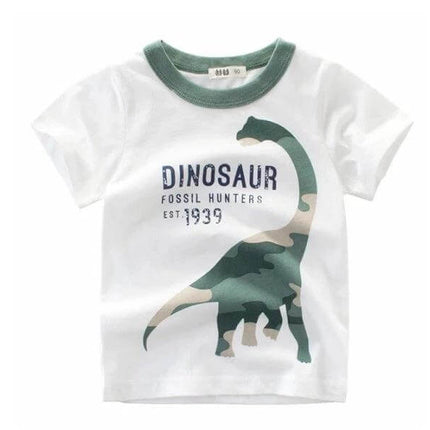 Kids Cotton T-Shirt, Short Sleeve, Comfortable Everyday Wear - white toddler tee with green camo dinosaur print, breathable soft cotton-blend fabric