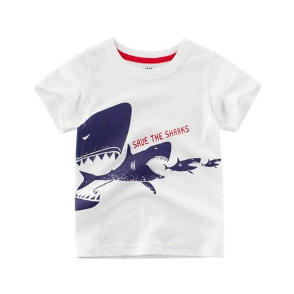 Kids Cotton T-Shirt, Short Sleeve, Comfortable Everyday Wear - white tee with navy shark graphic and "Save the Sharks" print