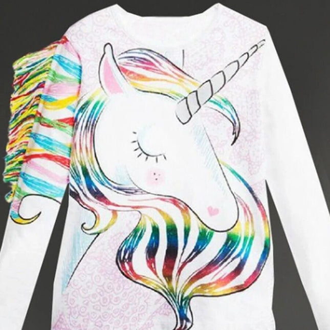 Kids' T Shirt With Horse Print For Everyday Playtime - white cotton long-sleeve with colorful unicorn/horse print for kids, sizes 80-110, casual playwear