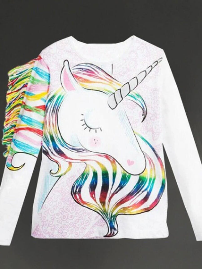 Kids' T Shirt With Horse Print For Everyday Playtime - white cotton long-sleeve with colorful unicorn/horse print for kids, sizes 80-110, casual playwear