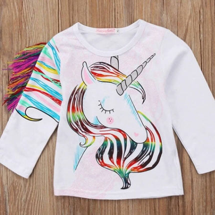 Kids' T Shirt With Horse Print For Everyday Playtime - white long-sleeve unicorn print tee, soft 95% cotton, sizes 80-110, neutral kids' everyday top