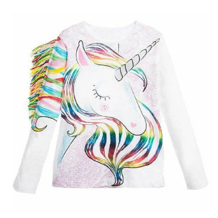 Kids' T Shirt With Horse Print For Everyday Playtime - white long sleeve unicorn horse print tee for kids, soft 95% cotton, sizes 80-110