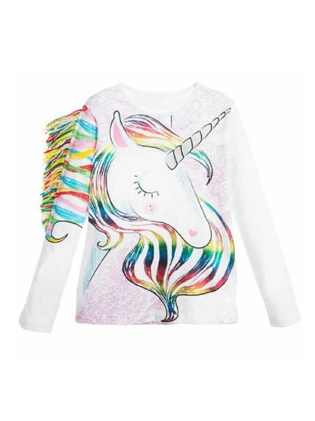 Kids' T Shirt With Horse Print For Everyday Playtime — white long-sleeve unicorn horse print tee for kids, soft 95% cotton for playtime, sizes 80-110