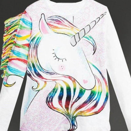 Kids' T Shirt With Horse Print For Everyday Playtime - white long-sleeve kids' tee with colorful unicorn/horse print and rainbow fringe sleeve, soft cotton