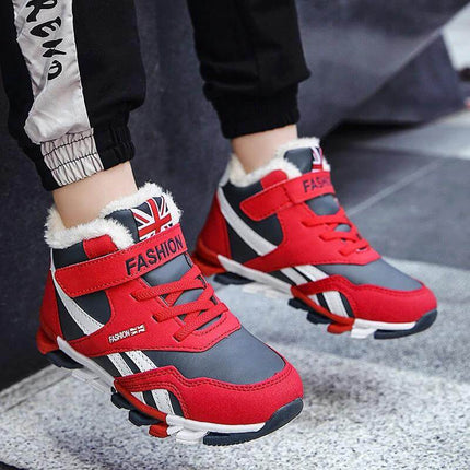 Kids Winter Sneakers Red for Everyday Play Casual Comfort - red kids winter trainers with PU upper, Velcro strap, rubber sole and faux fur lining for playground
