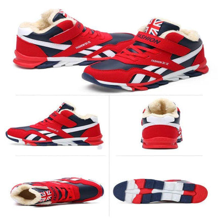 Kids Winter Sneakers Red for Everyday Play Casual Comfort - red PU upper kids winter sneakers with Velcro, grippy rubber outsole, fleece lining