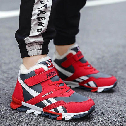 Kids Winter Sneakers Red for Everyday Play Casual Comfort - red kids winter sneakers with PU upper, grippy outsole, Velcro strap, fleece lining for school & play