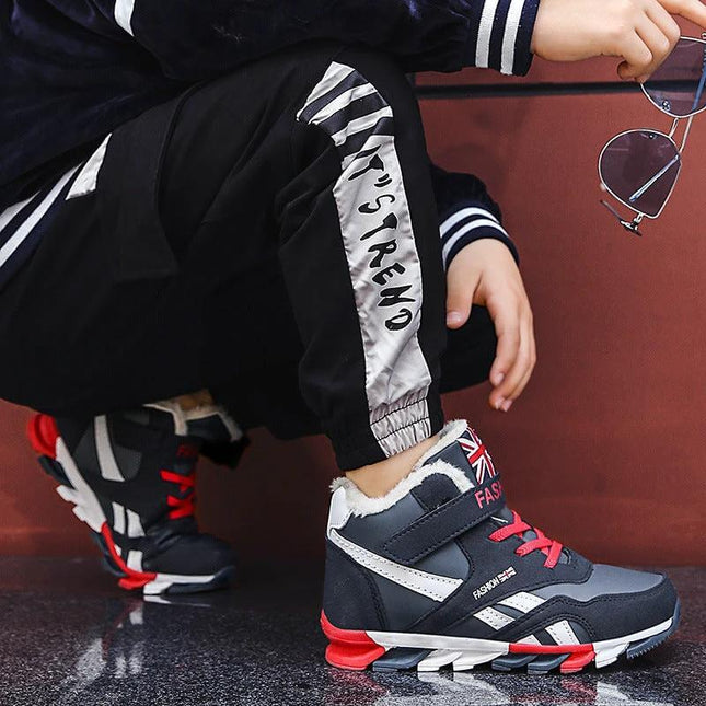 Kids Winter Sneakers Red for Everyday Play Casual Comfort - red PU upper kids winter sneakers with Velcro and grippy rubber outsole for school and playground