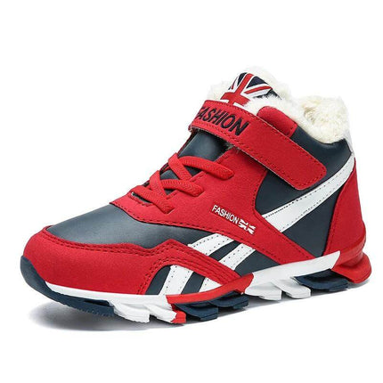 Kids Winter Sneakers Red for Everyday Play Casual Comfort - red kids winter sneakers with PU upper, Velcro strap, grippy rubber sole, fleece lining