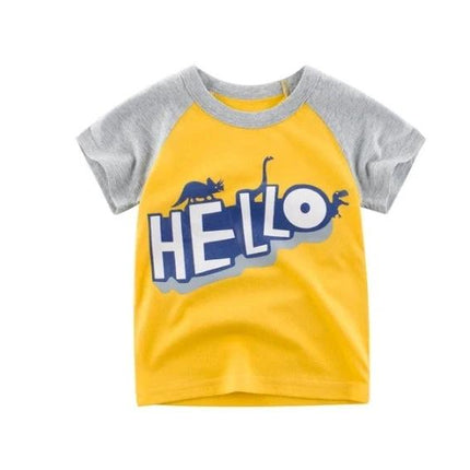 Kids Cotton T-Shirt, Short Sleeve, Comfortable Everyday Wear yellow kids tee with grey sleeves and HELLO graphic, breathable soft cotton-blend