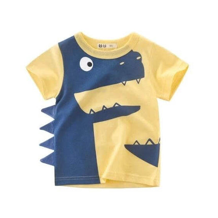 Kids Cotton T-Shirt, Short Sleeve, Comfortable Everyday Wear - yellow and navy dinosaur print toddler tee, soft breathable cotton blend