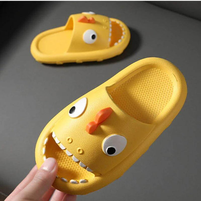 Kids Shark Shower Slippers Non Slip Toddler Bath Shoes yellow EVA shark-tooth design, textured non-slip sole for bath, poolside and quick outdoor wear