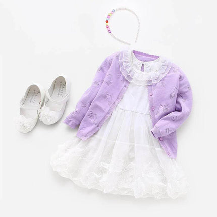 Knitwear Baby Cardigan With Diagonal Tie Closure For Everyday Wear - lilac knit layered over white dress with shoes