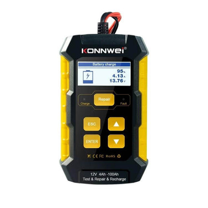 KONNWEI 3 In 1 Car Battery Tester And Charger For Vehicles handheld tester showing battery charge screen and controls