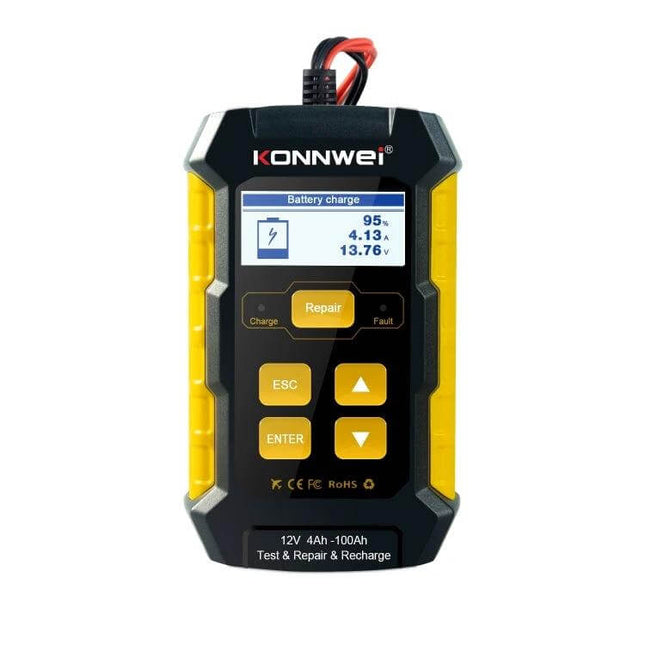 KONNWEI 3 In 1 Car Battery Tester And Charger For Vehicles handheld tester showing battery charge screen and controls