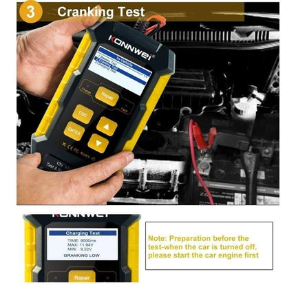 KONNWEI 3 In 1 Car Battery Tester And Charger For Vehicles handheld unit performing cranking test at car battery with clamps attached