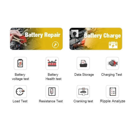 KONNWEI 3 In 1 Car Battery Tester And Charger For Vehicles - icons for battery voltage, health, charging, cranking, load, resistance and ripple analysis