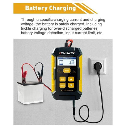 KONNWEI 3 In 1 Car Battery Tester And Charger For Vehicles handheld unit showing battery charging connected to battery and wall outlet