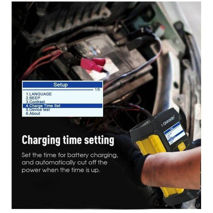 KONNWEI 3 In 1 Car Battery Tester And Charger For Vehicles handheld unit showing charging time setting connected to a 12V car battery