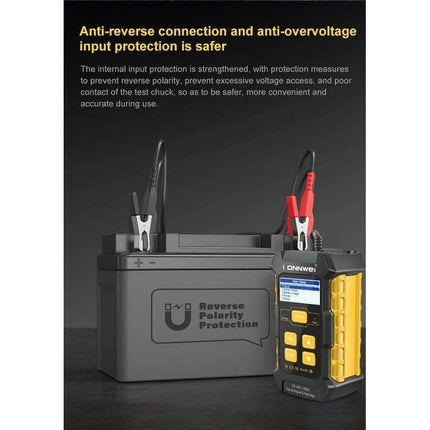 KONNWEI 3 In 1 Car Battery Tester And Charger For Vehicles showing anti-reverse clamps on a 12V battery with tester connected