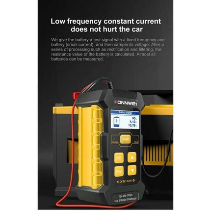 KONNWEI 3 In 1 Car Battery Tester And Charger For Vehicles handheld battery tester with display, yellow casing and red clamp connected to car battery