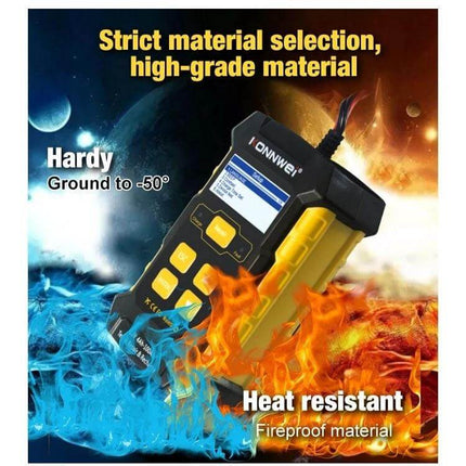 KONNWEI 3 In 1 Car Battery Tester And Charger For Vehicles handheld tester with heat resistant casing shown amid fire and ice graphics