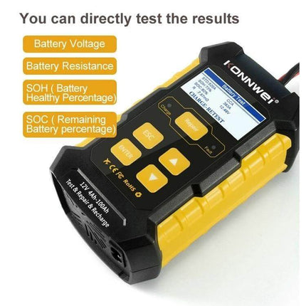 KONNWEI 3 In 1 Car Battery Tester And Charger For Vehicles handheld unit showing battery voltage, SOH, SOC and cranking test on screen