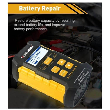 KONNWEI 3 In 1 Car Battery Tester And Charger For Vehicles handheld unit showing battery repair mode with clamps attached