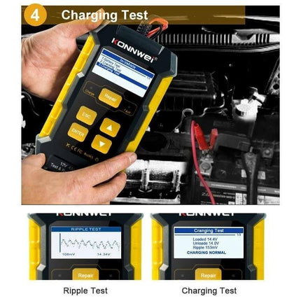 KONNWEI 3 In 1 Car Battery Tester And Charger For Vehicles handheld unit showing charging and ripple tests connected to a car battery