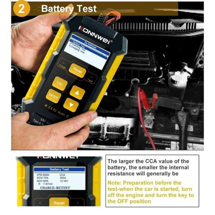 KONNWEI 3 In 1 Car Battery Tester And Charger For Vehicles handheld battery test unit showing screen and clamps under car hood